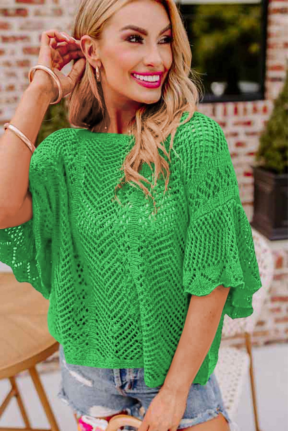 Green Pointelle Knit Top with Scalloped Edge and Short Sleeves