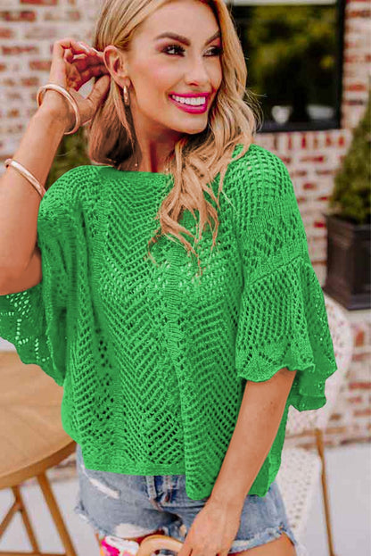 Green Pointelle Knit Top with Scalloped Edge and Short Sleeves
