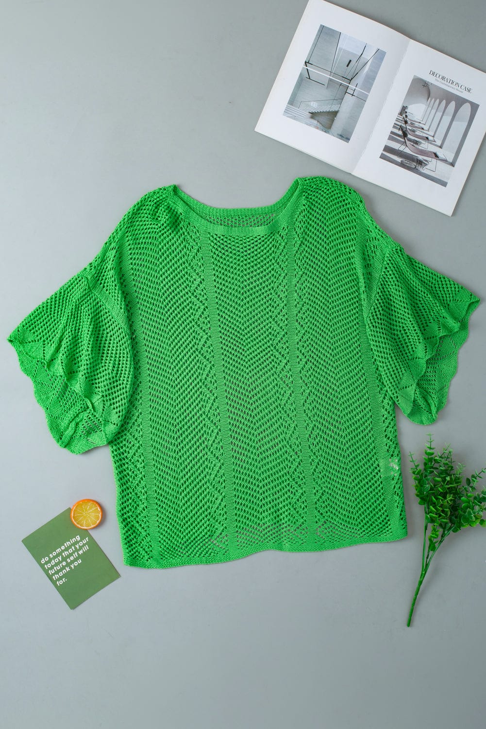 Green Pointelle Knit Top with Scalloped Edge and Short Sleeves