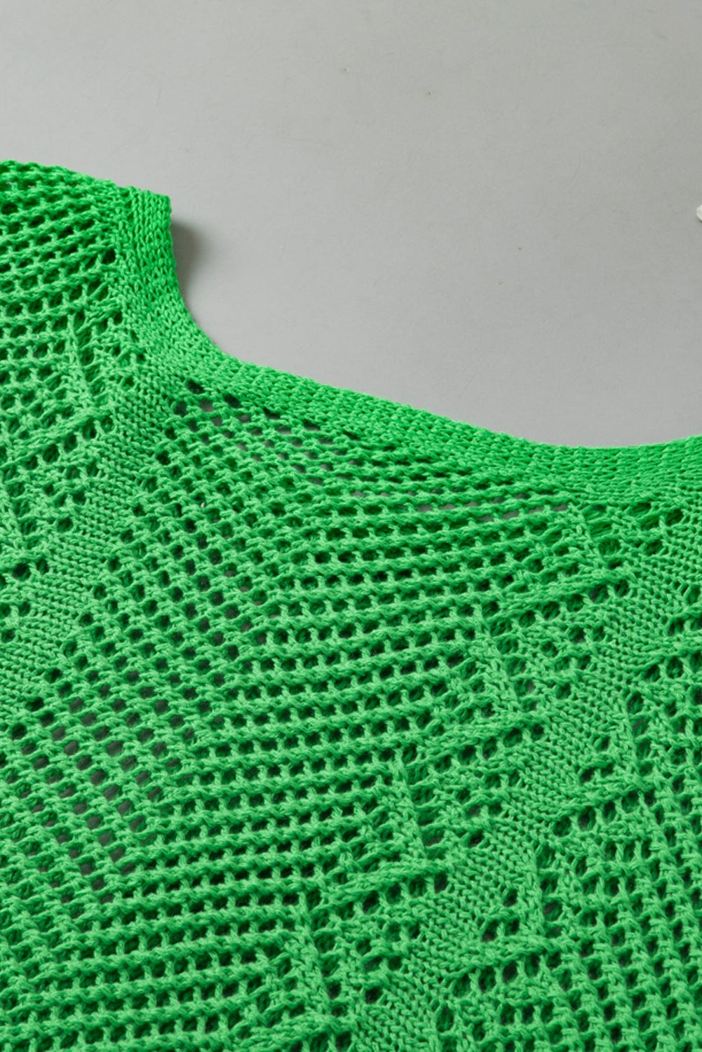 Green Pointelle Knit Top with Scalloped Edge and Short Sleeves