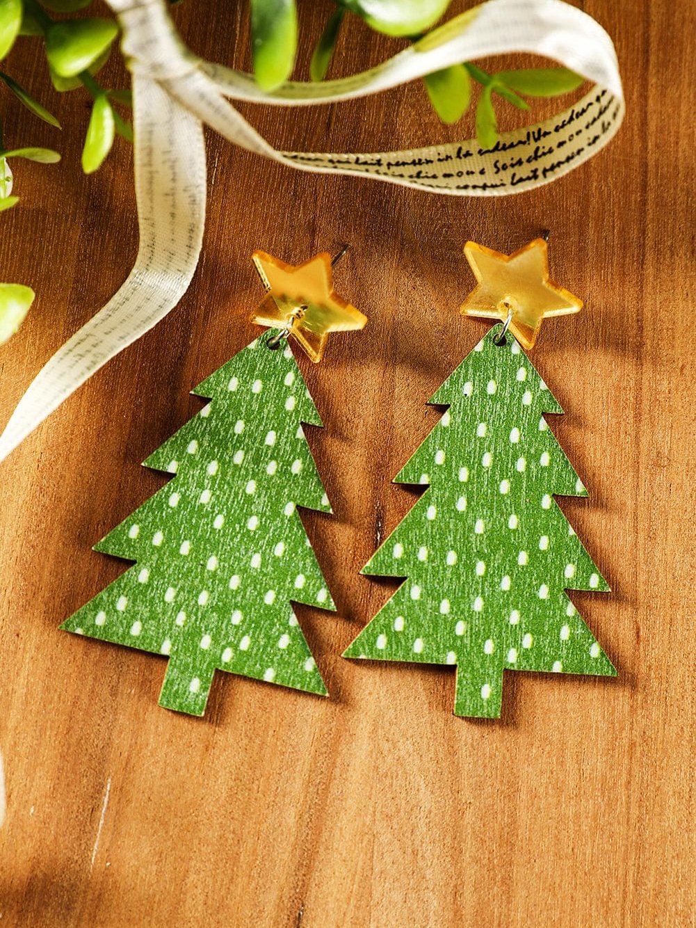 Green Polka Dot Print Christmas Dangle Earrings