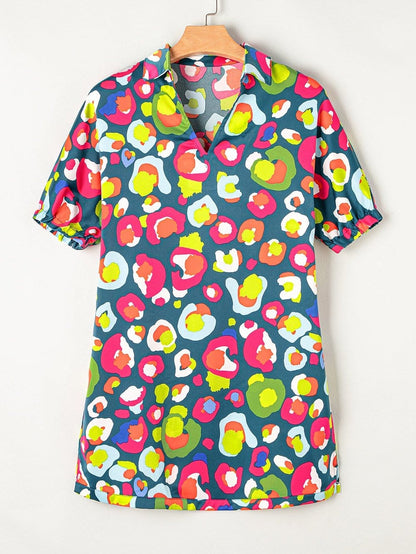 Green Polka Dot Printed Collared Neck Half Sleeve Shift Dress