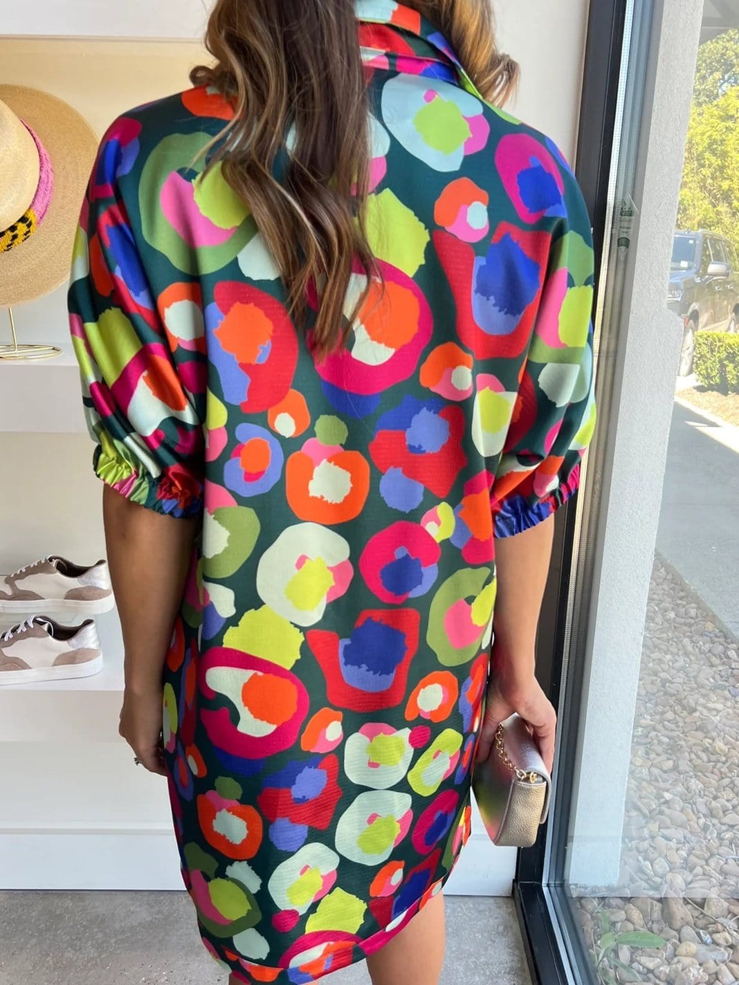 Green Polka Dot Printed Collared Neck Half Sleeve Shift Dress