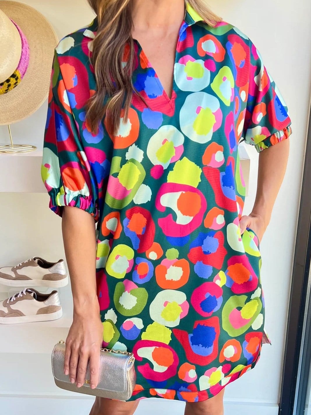 Green Polka Dot Printed Collared Neck Half Sleeve Shift Dress