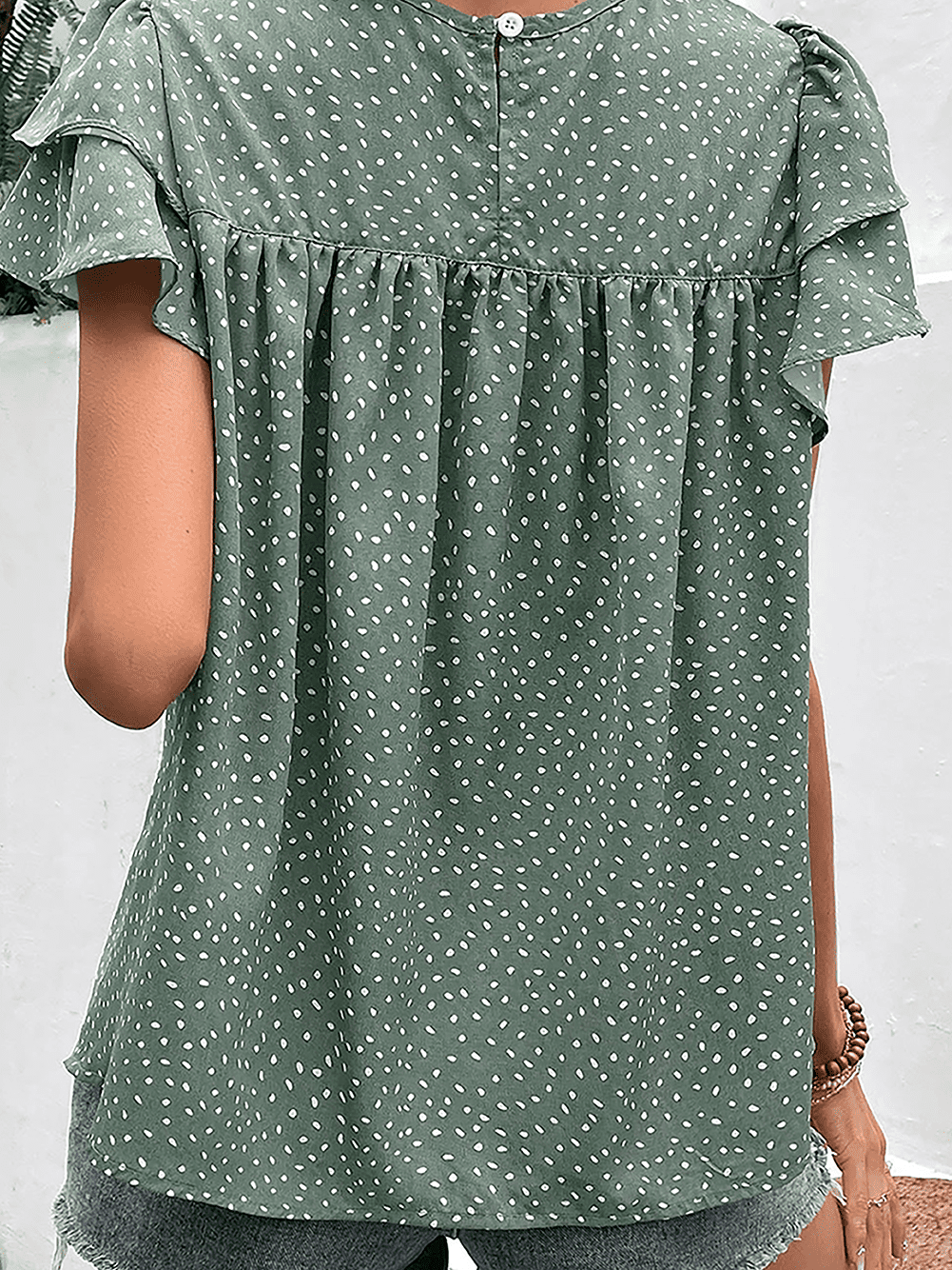Green Polka Dot Ruffle Sleeve Crewneck Blouse with Ruched Detail