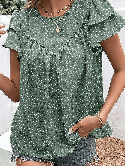 Green Polka Dot Ruffle Sleeve Crewneck Blouse with Ruched Detail