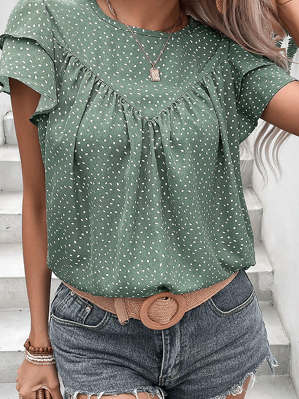 Green Polka Dot Ruffle Sleeve Crewneck Blouse with Ruched Detail