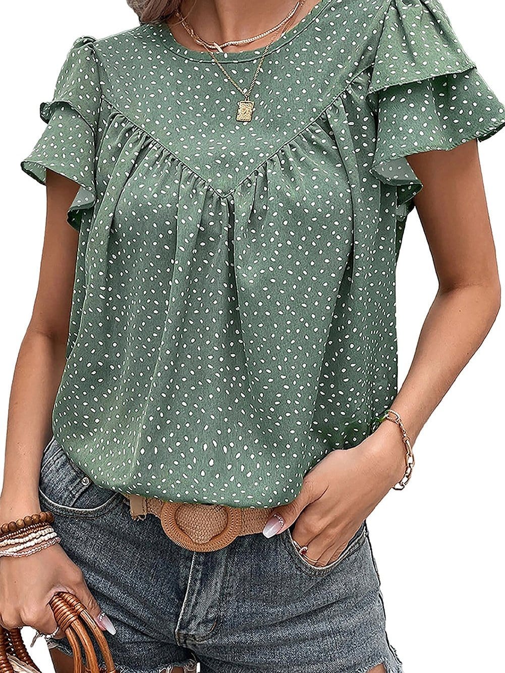 Green Polka Dot Ruffle Sleeve Crewneck Blouse with Ruched Detail