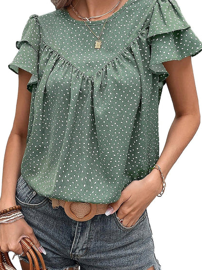 Green Polka Dot Ruffle Sleeve Crewneck Blouse with Ruched Detail