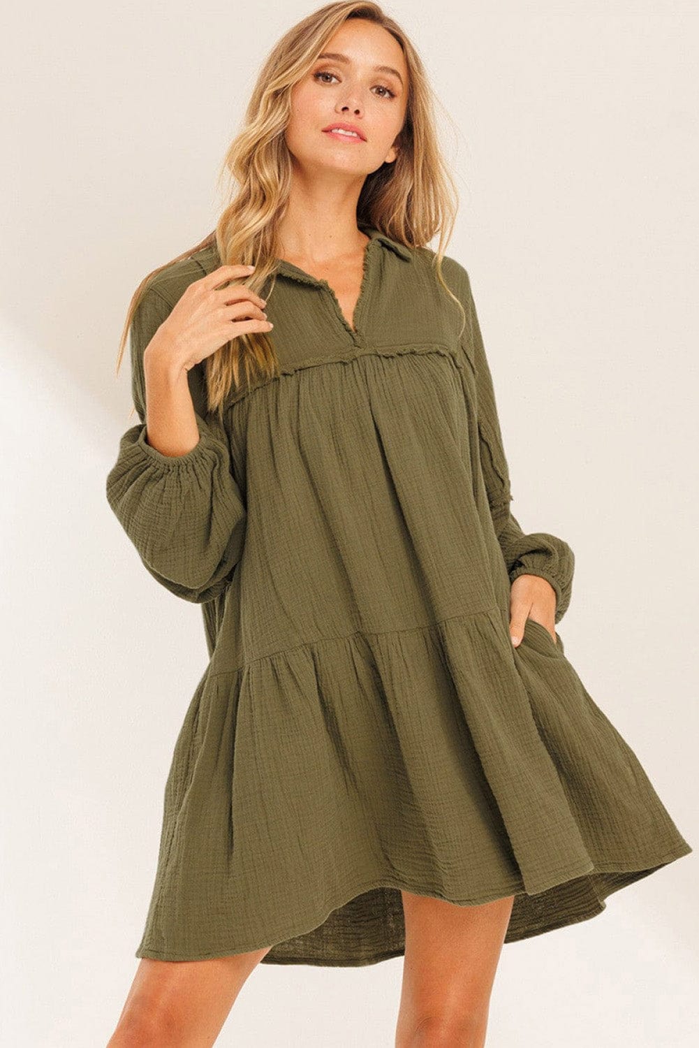 Green Puff Sleeve A-Line Mini Dress with V Neck and Flared Hem