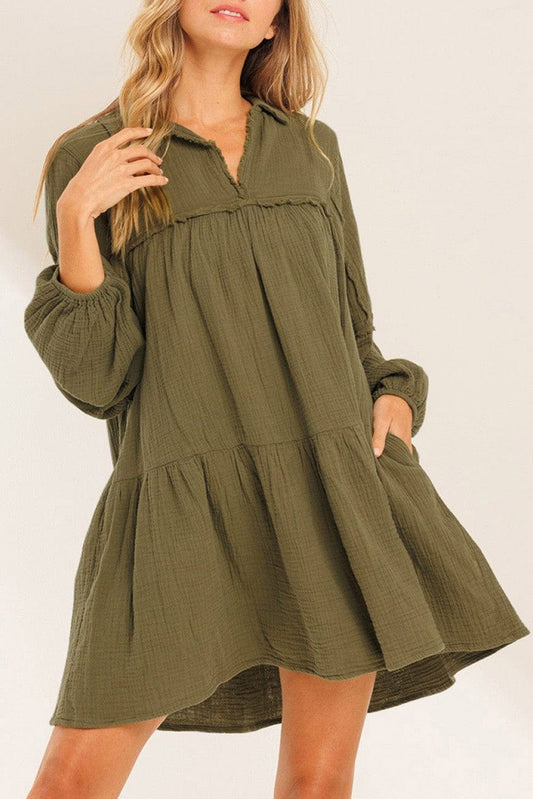 Green Puff Sleeve A-Line Mini Dress with V Neck and Flared Hem