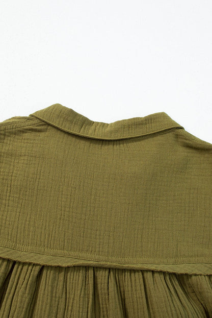 Green Puff Sleeve A-Line Mini Dress with V Neck and Flared Hem