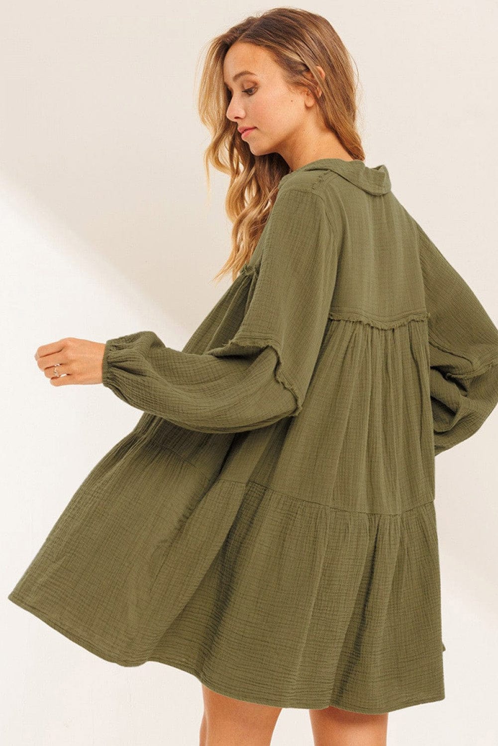 Green Puff Sleeve A-Line Mini Dress with V Neck and Flared Hem