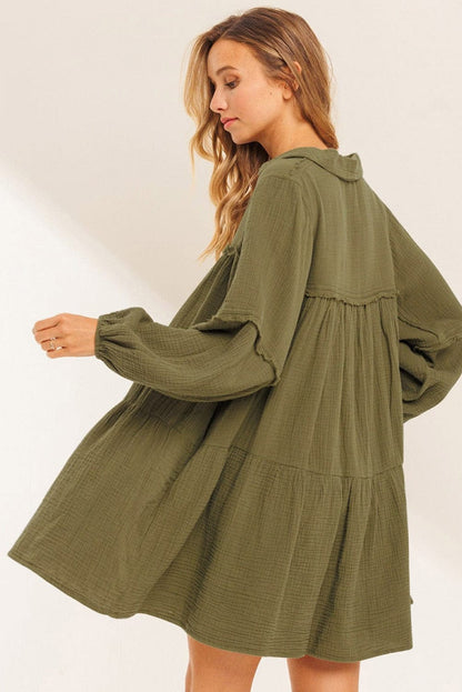 Green Puff Sleeve A-Line Mini Dress with V Neck and Flared Hem