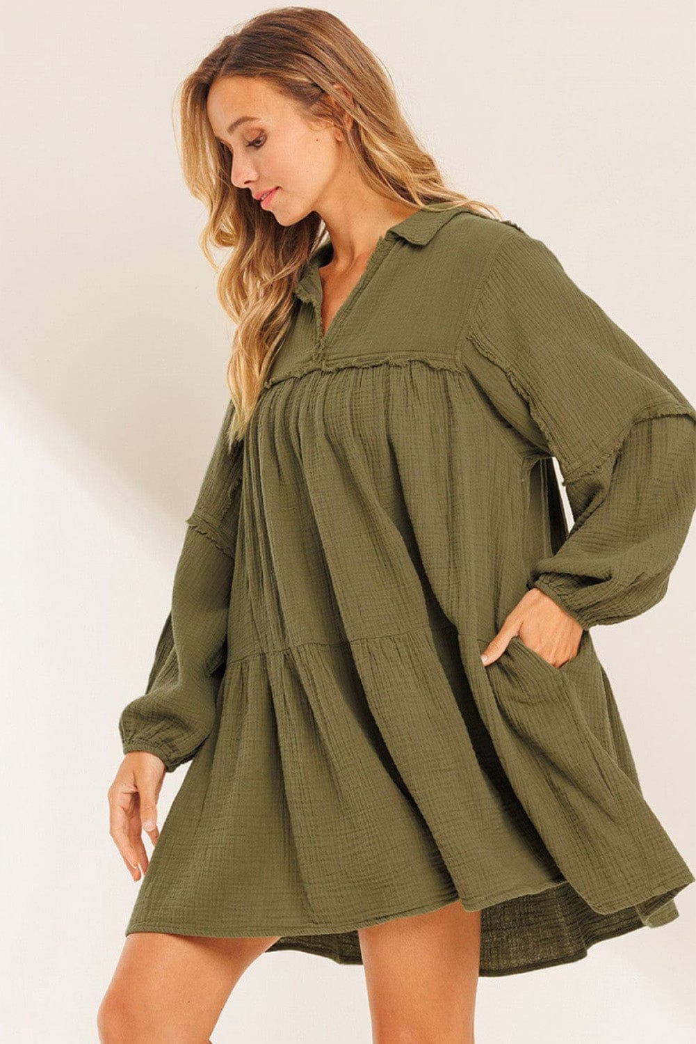 Green Puff Sleeve A-Line Mini Dress with V Neck and Flared Hem