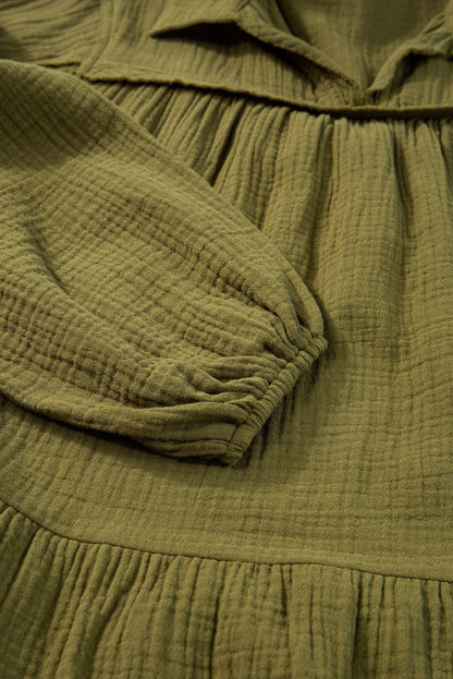 Green Puff Sleeve A-Line Mini Dress with V Neck and Flared Hem