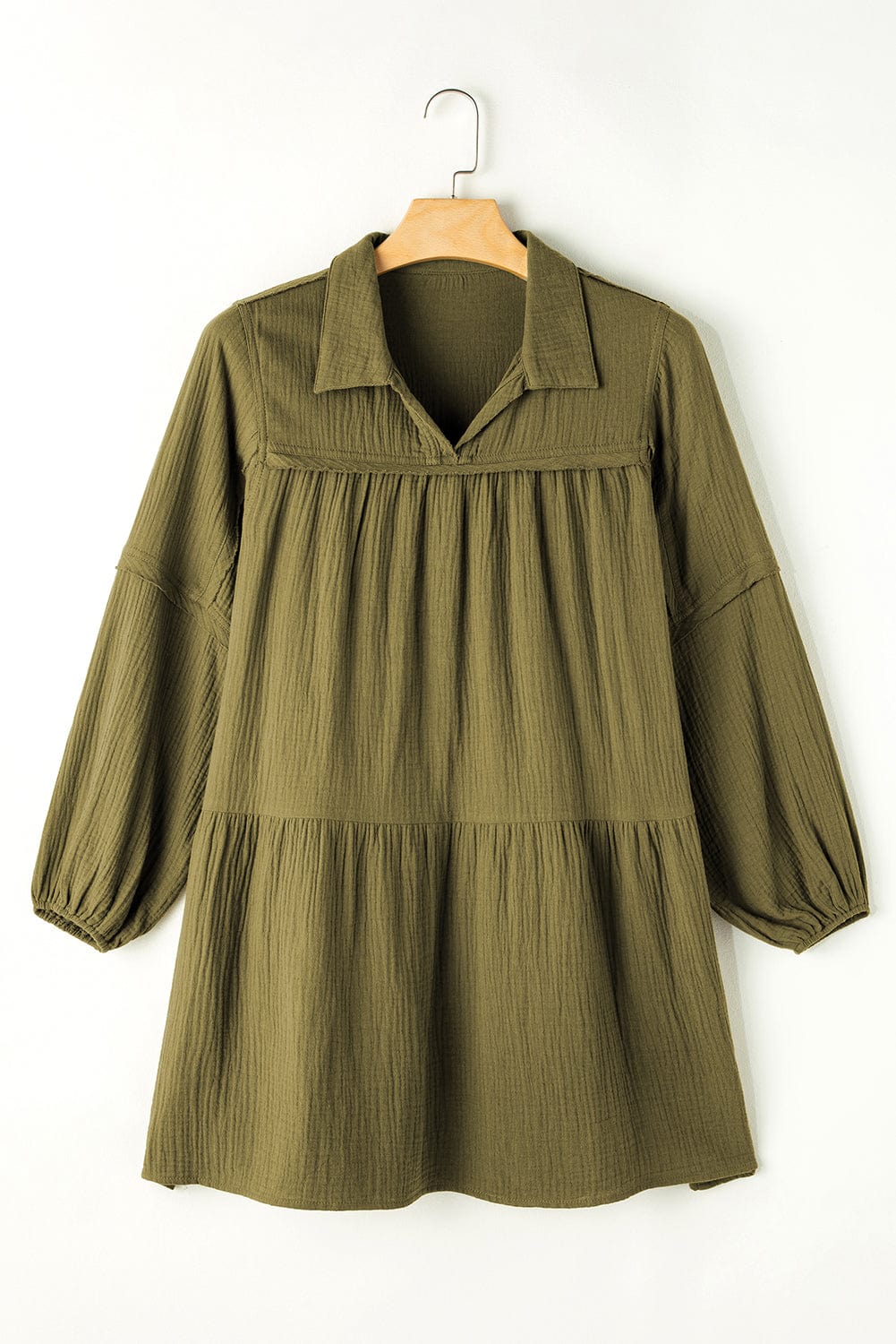 Green Puff Sleeve A-Line Mini Dress with V Neck and Flared Hem