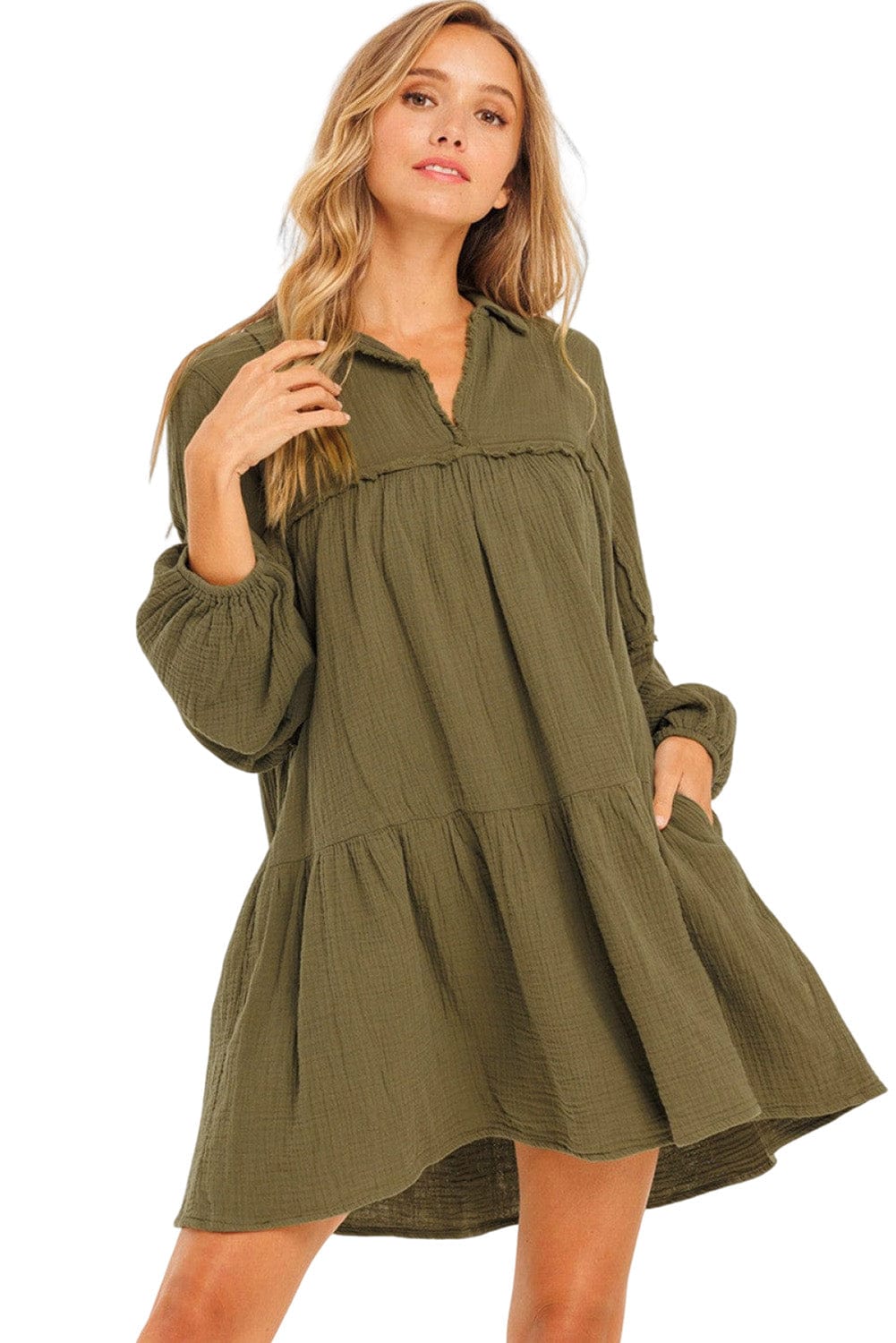 Green Puff Sleeve A-Line Mini Dress with V Neck and Flared Hem