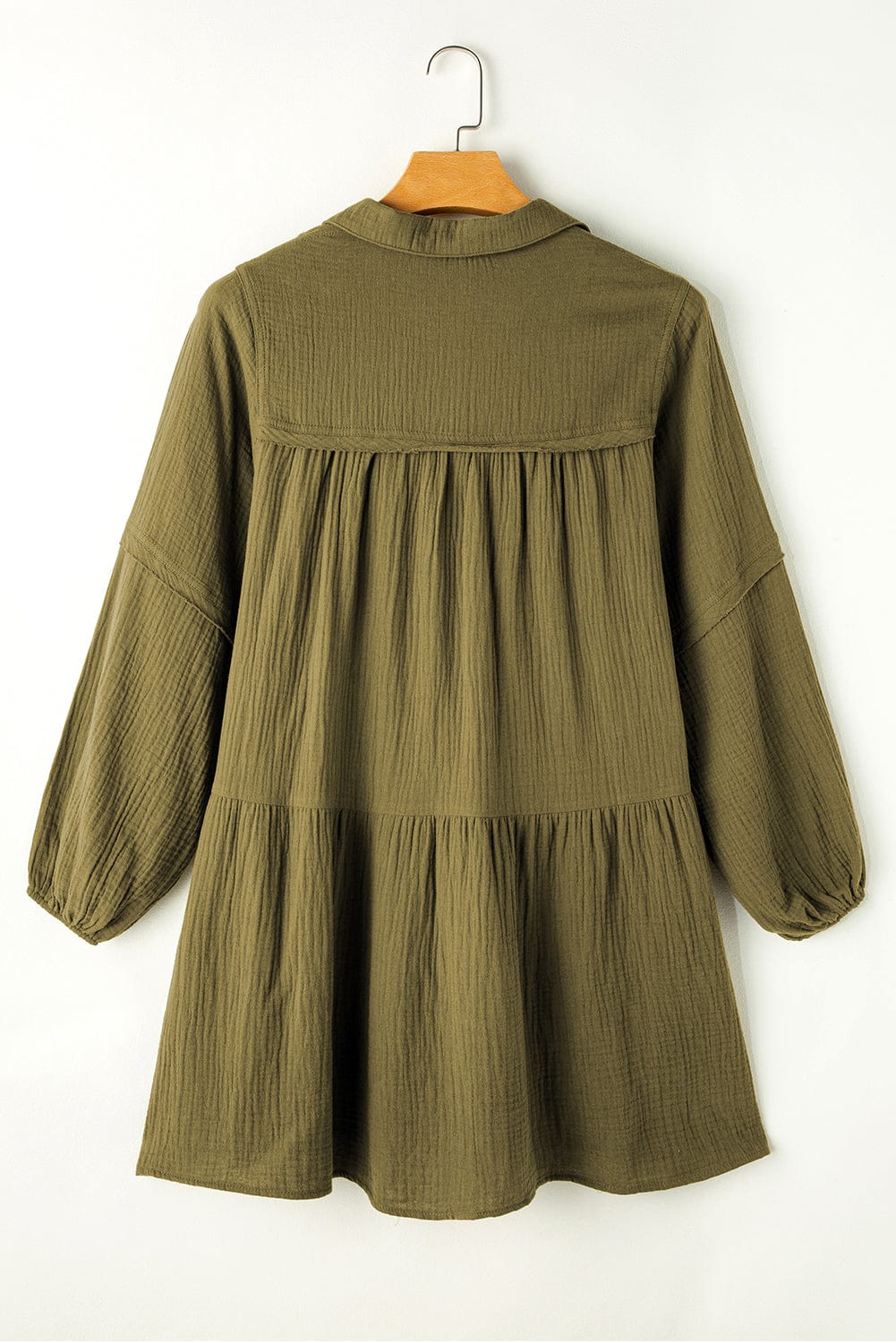Green Puff Sleeve A-Line Mini Dress with V Neck and Flared Hem