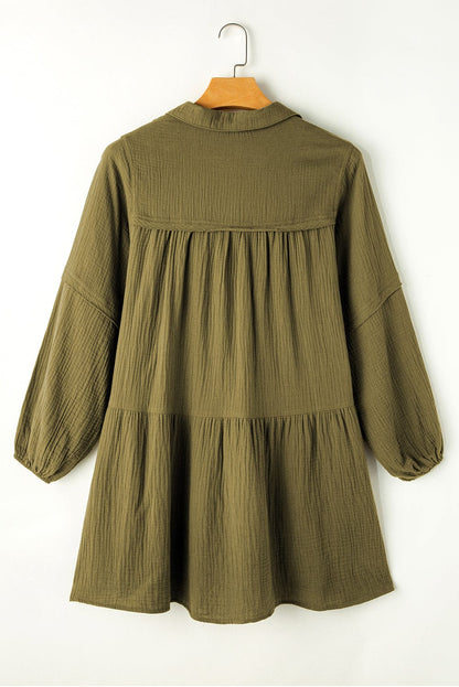 Green Puff Sleeve A-Line Mini Dress with V Neck and Flared Hem