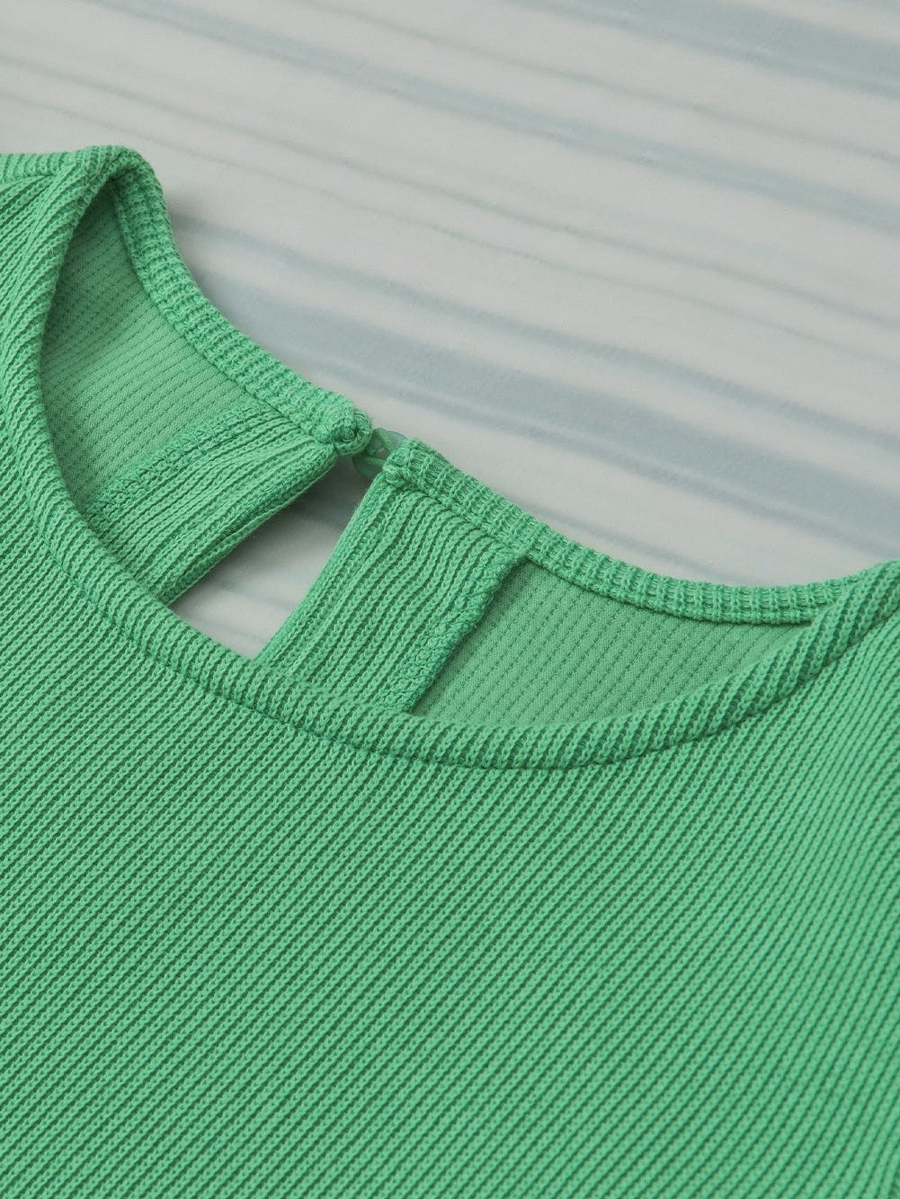 Green Puff Sleeve Ribbed Knit Ruffle Blouse