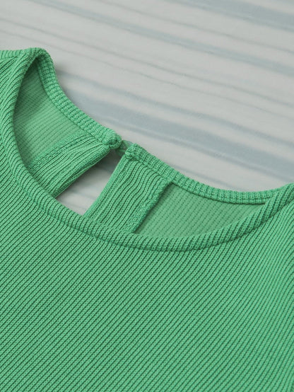 Green Puff Sleeve Ribbed Knit Ruffle Blouse