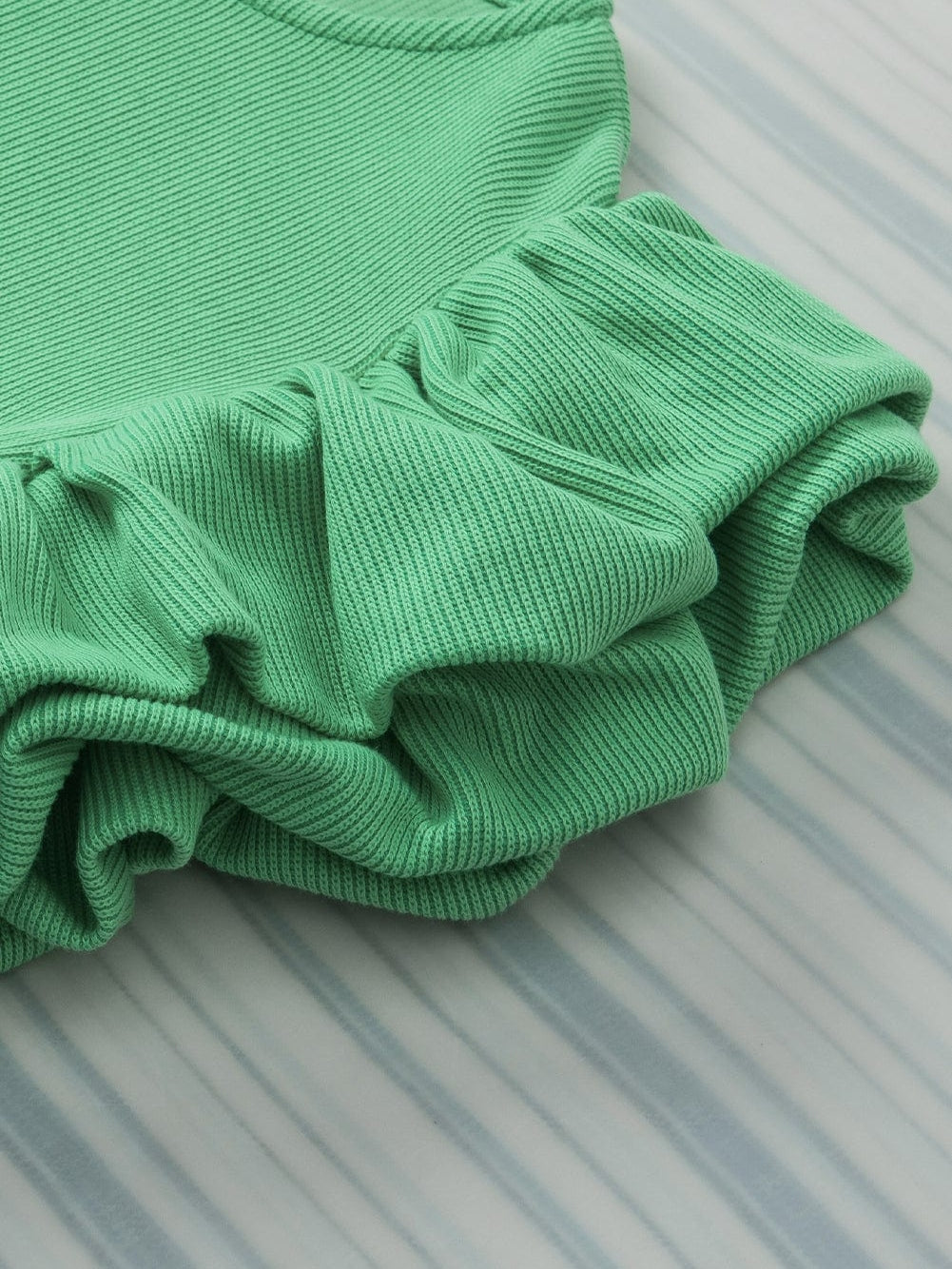 Green Puff Sleeve Ribbed Knit Ruffle Blouse