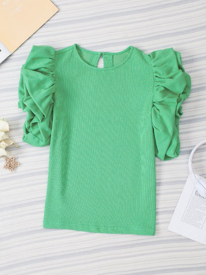 Green Puff Sleeve Ribbed Knit Ruffle Blouse