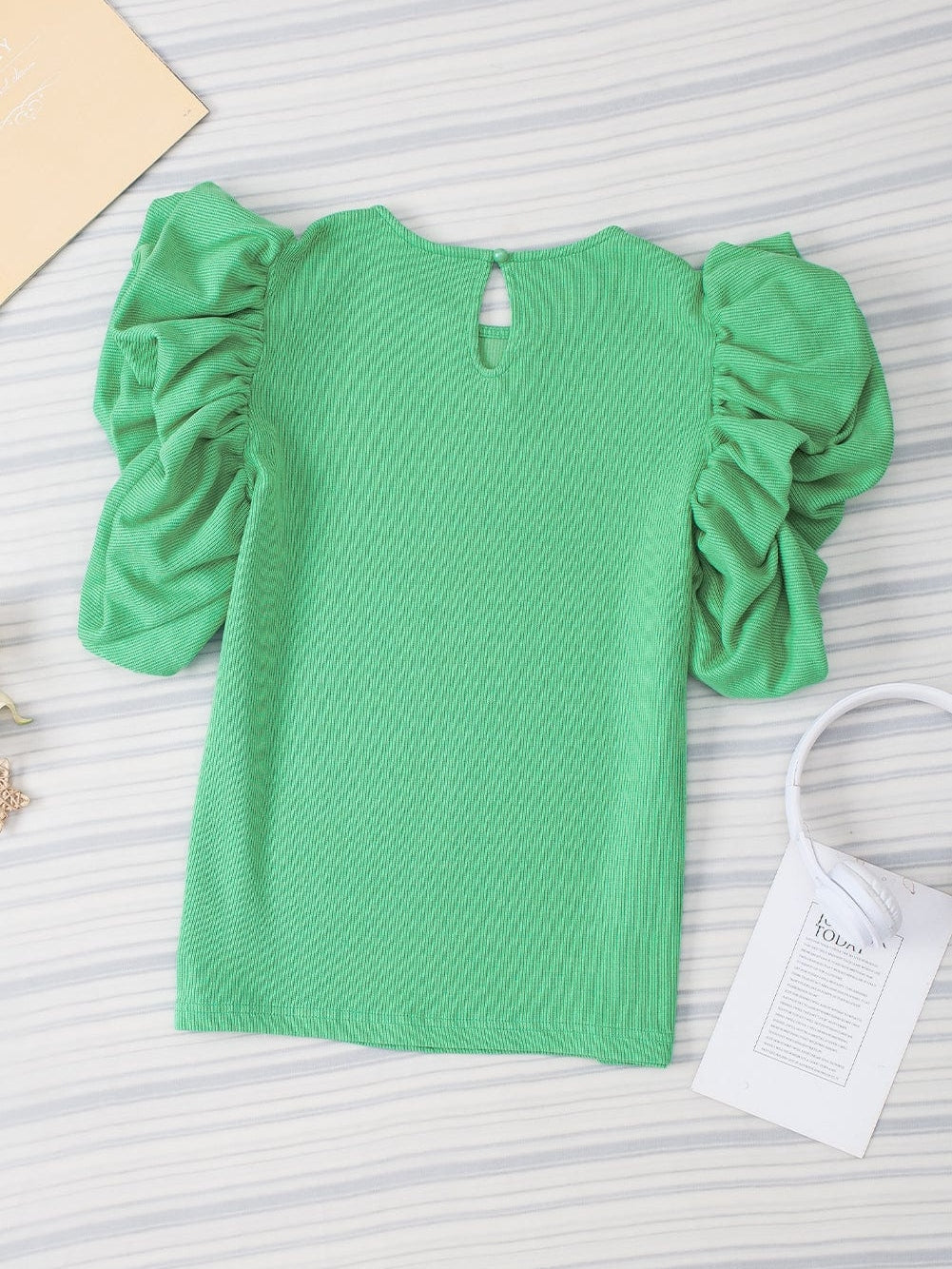 Green Puff Sleeve Ribbed Knit Ruffle Blouse
