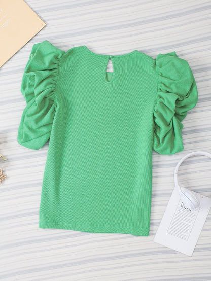Green Puff Sleeve Ribbed Knit Ruffle Blouse