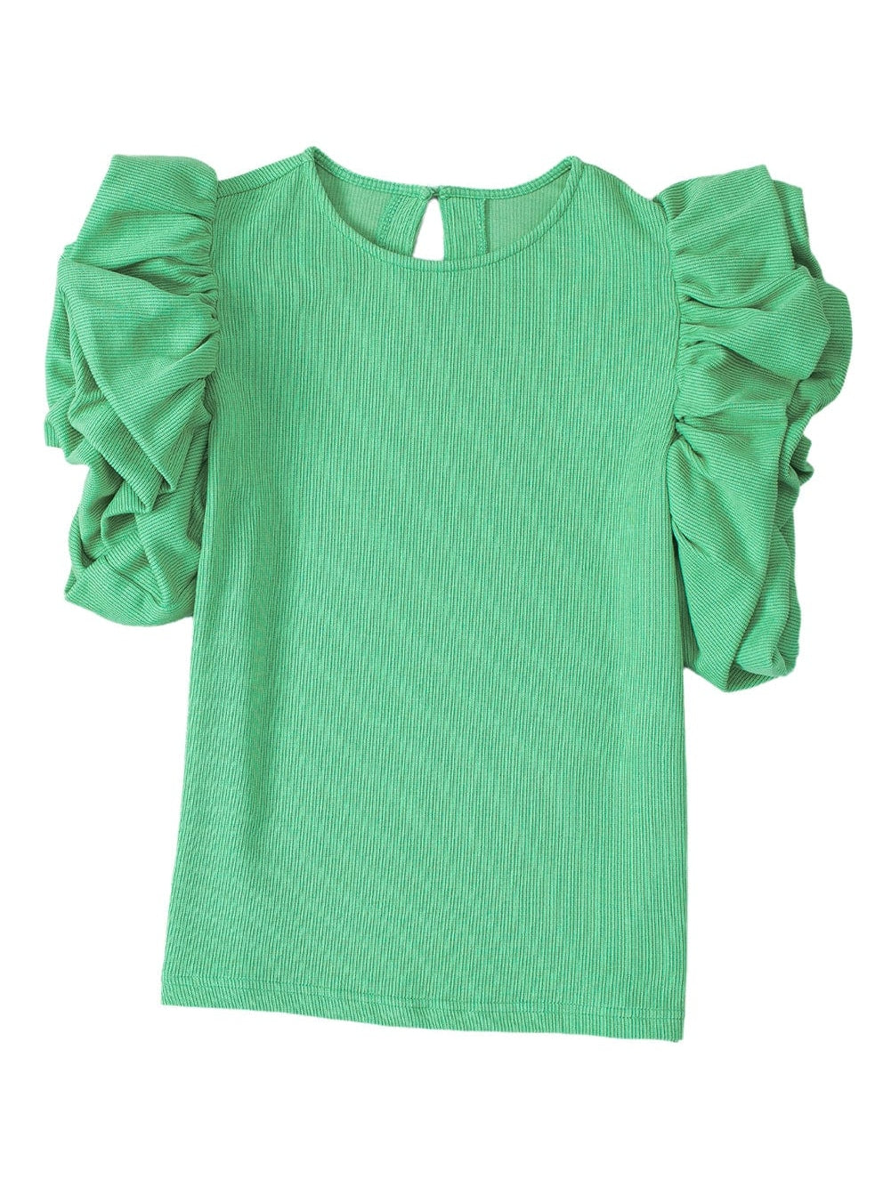Green Puff Sleeve Ribbed Knit Ruffle Blouse