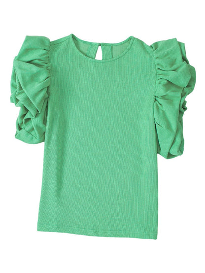 Green Puff Sleeve Ribbed Knit Ruffle Blouse