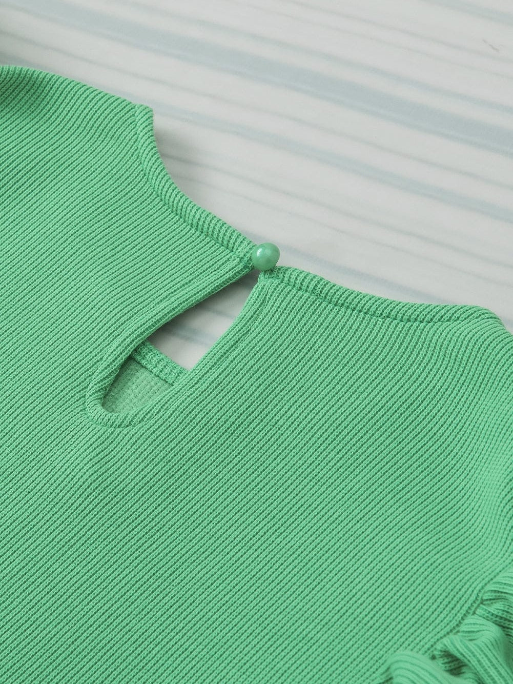 Green Puff Sleeve Ribbed Knit Ruffle Blouse