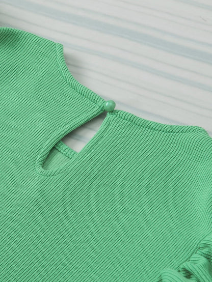 Green Puff Sleeve Ribbed Knit Ruffle Blouse