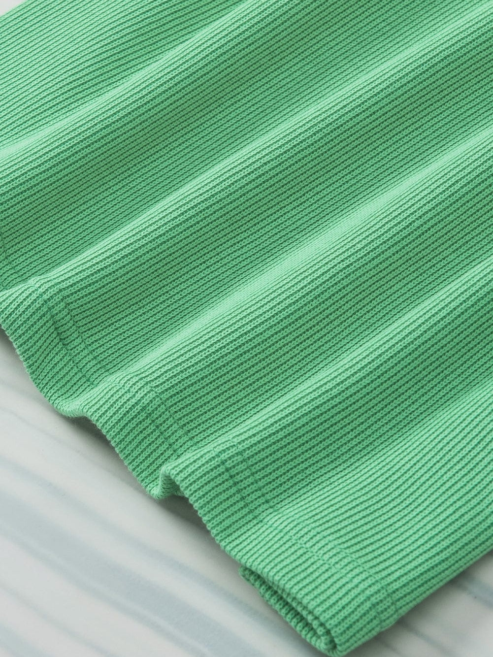 Green Puff Sleeve Ribbed Knit Ruffle Blouse