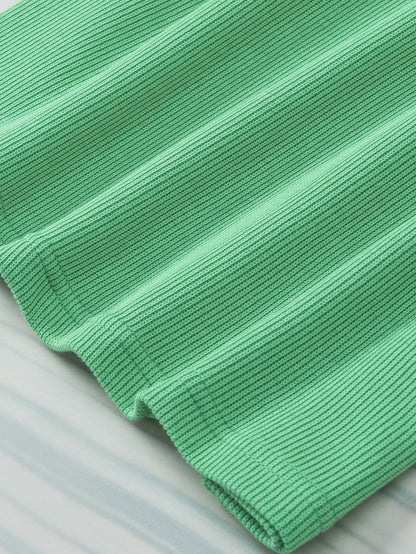 Green Puff Sleeve Ribbed Knit Ruffle Blouse