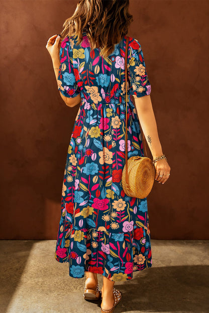 Green Retro Floral Print Split V-Neck Long Dress