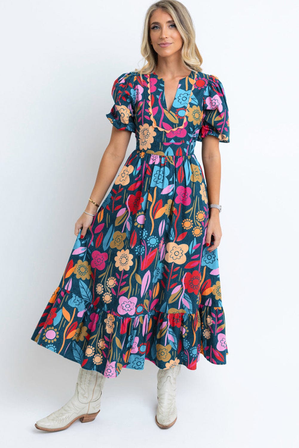Green Retro Floral Print Split V-Neck Long Dress