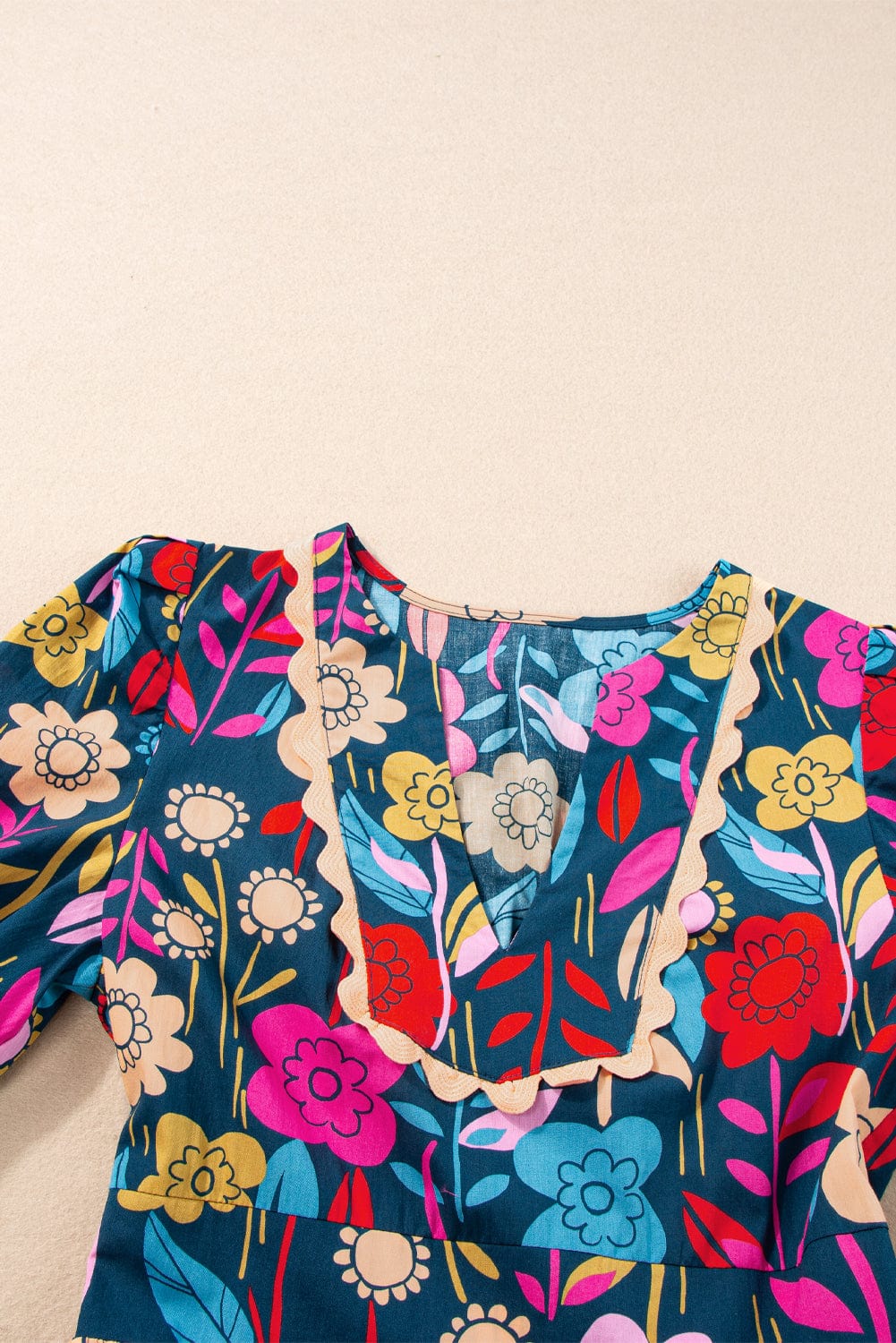 Green Retro Floral Print Split V-Neck Long Dress