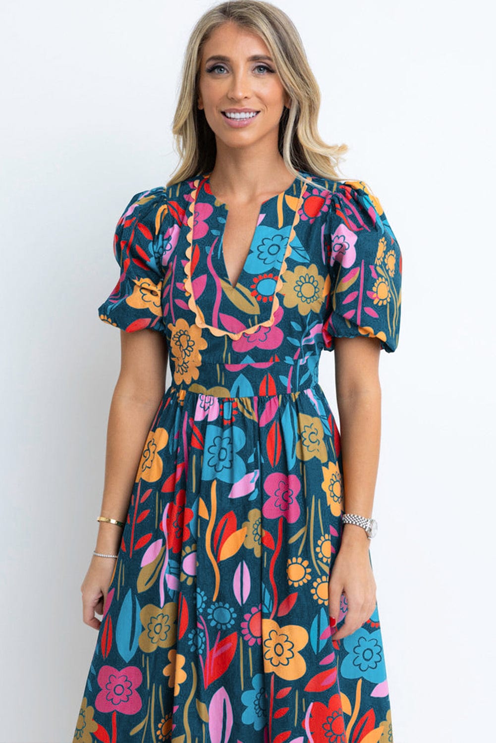 Green Retro Floral Print Split V-Neck Long Dress