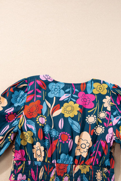 Green Retro Floral Print Split V-Neck Long Dress