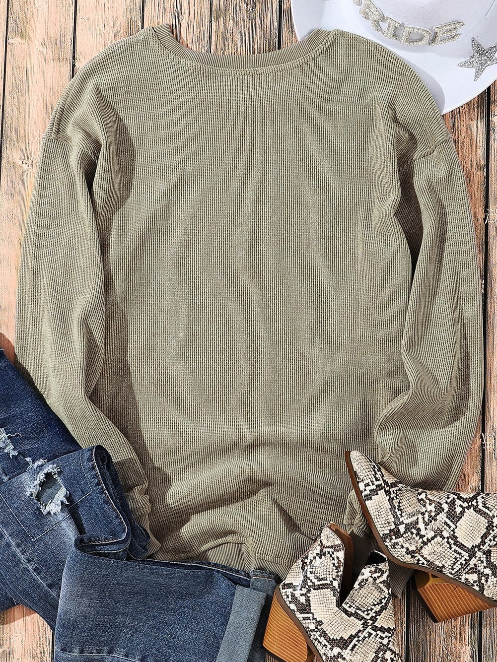 Green Ribbed Knit Corduroy Round Neck Pullover Sweatshirt