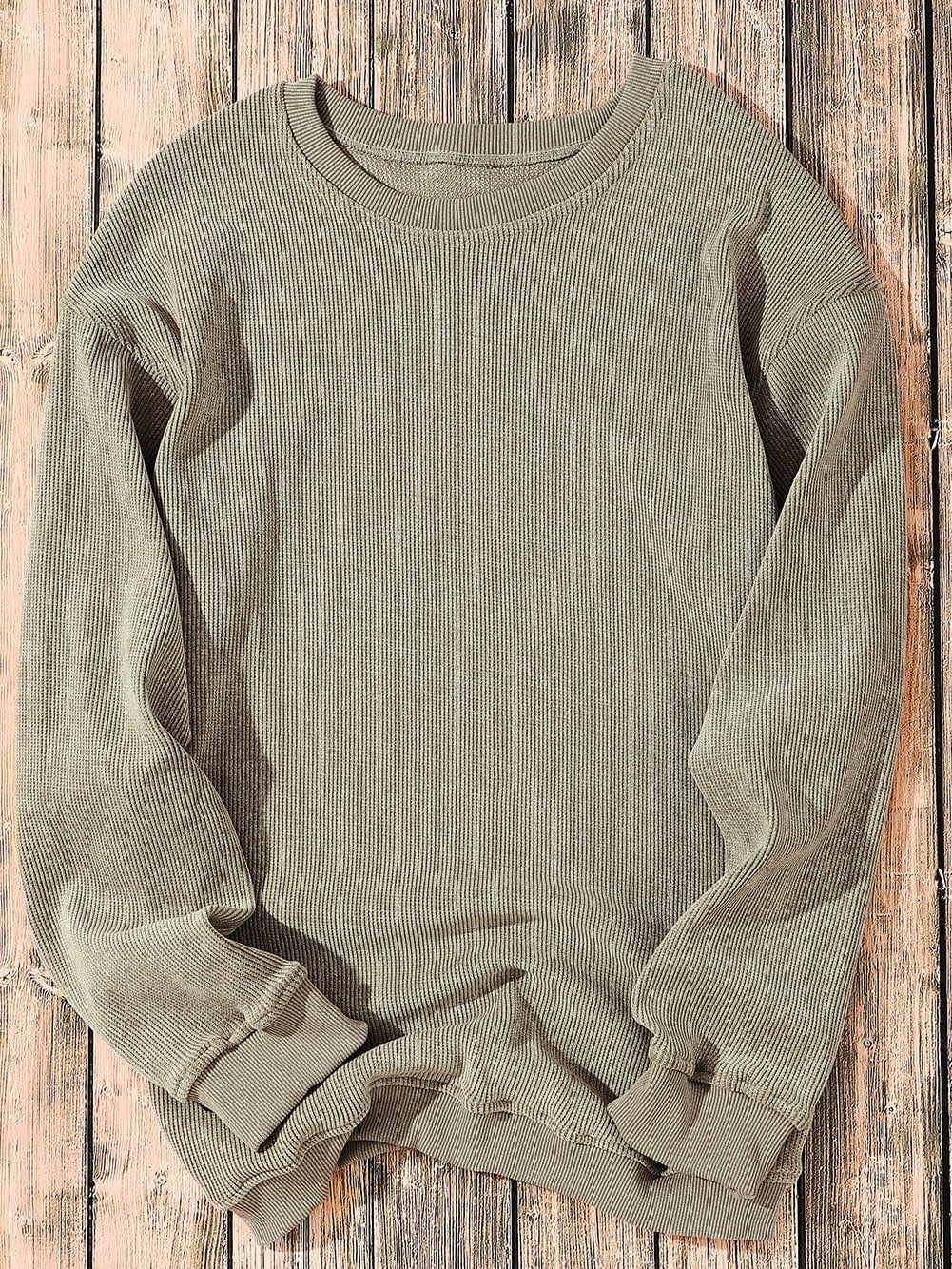 Green Ribbed Knit Corduroy Round Neck Pullover Sweatshirt