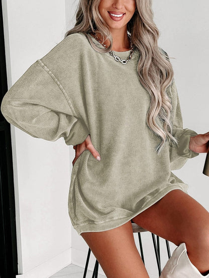 Green Ribbed Knit Corduroy Round Neck Pullover Sweatshirt
