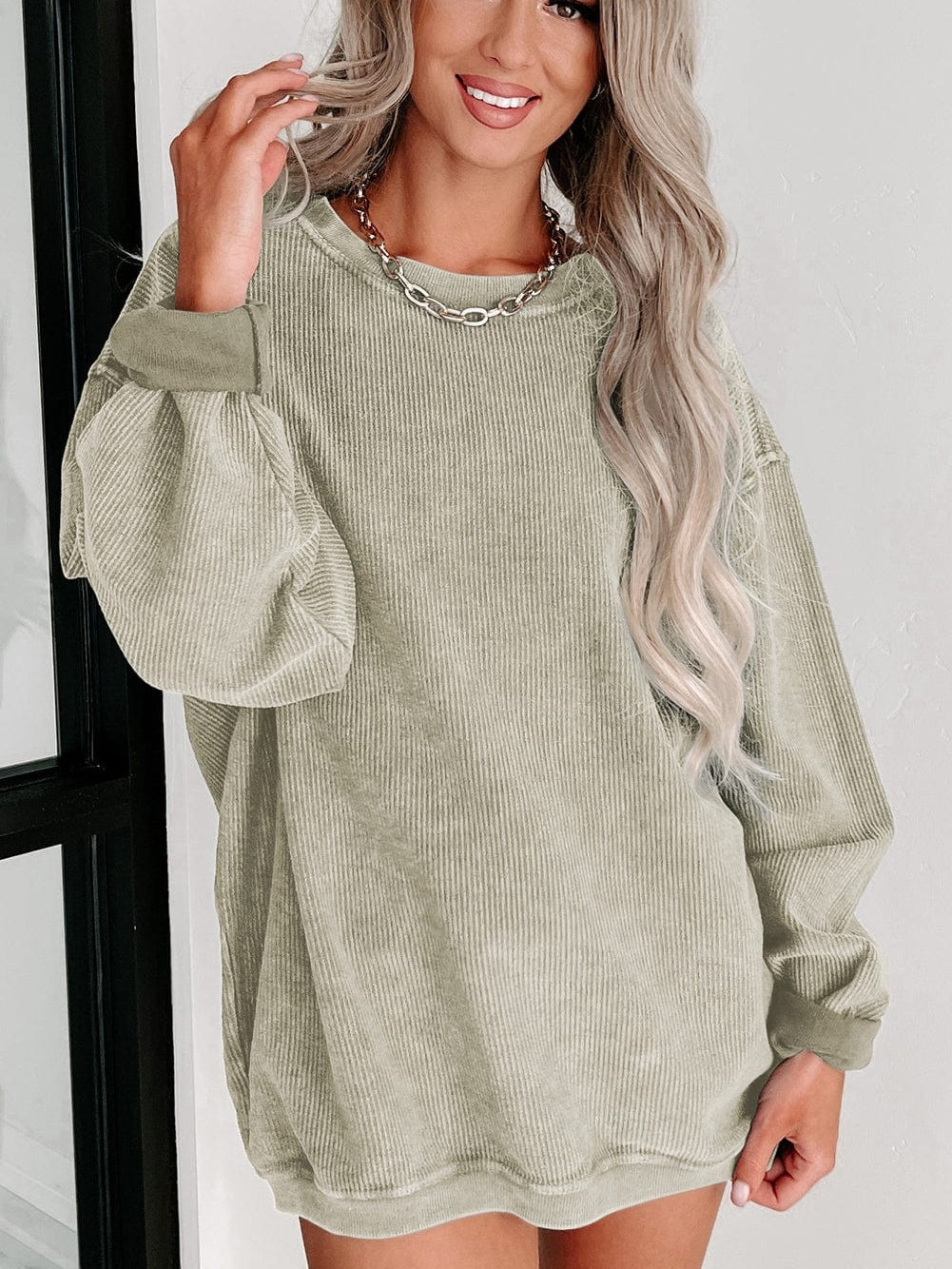 Green Ribbed Knit Corduroy Round Neck Pullover Sweatshirt