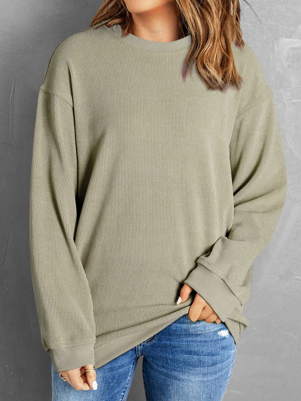 Green Ribbed Knit Corduroy Round Neck Pullover Sweatshirt