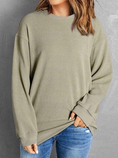 Green Ribbed Knit Corduroy Round Neck Pullover Sweatshirt