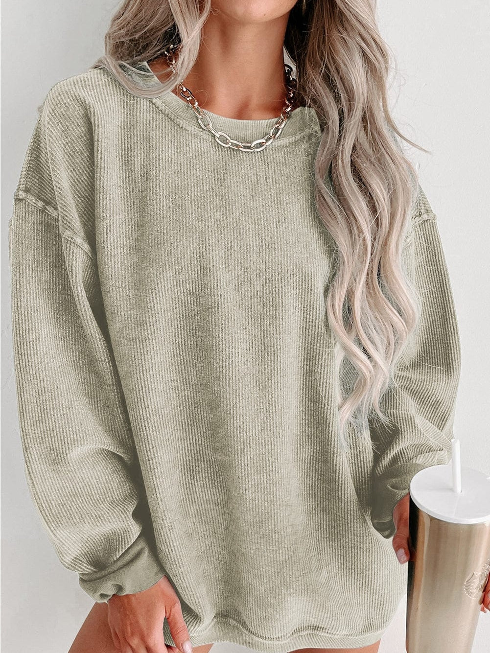 Green Ribbed Knit Corduroy Round Neck Pullover Sweatshirt