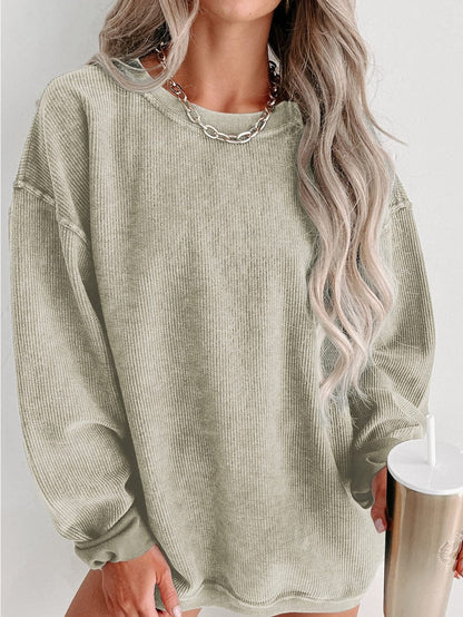 Green Ribbed Knit Corduroy Round Neck Pullover Sweatshirt