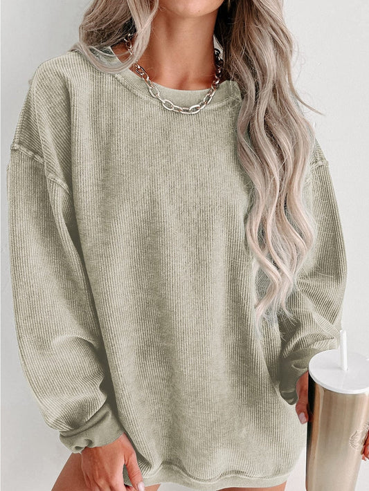 Green Ribbed Knit Corduroy Round Neck Pullover Sweatshirt